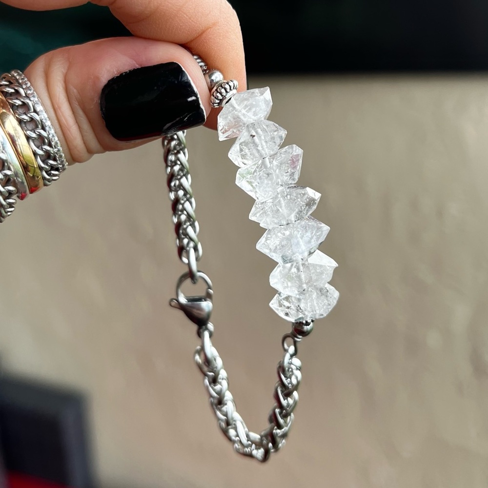 ✨ 7 big genuine herkimers diamonds stainless steel wheat chain crystal bracelet - Picture 10 of 14